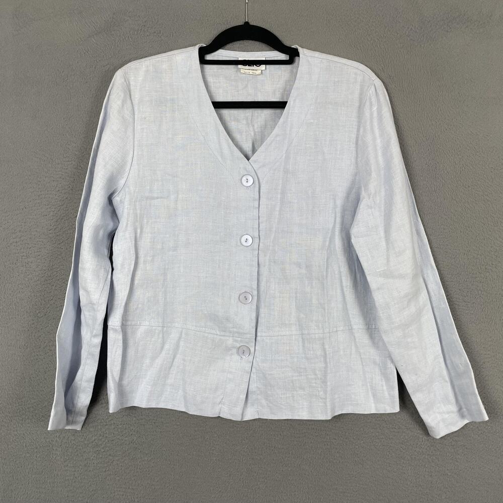 CLIO Button-Up Womens MED Blue Linen V-Neck Long Sleeve Lightweight Breathable